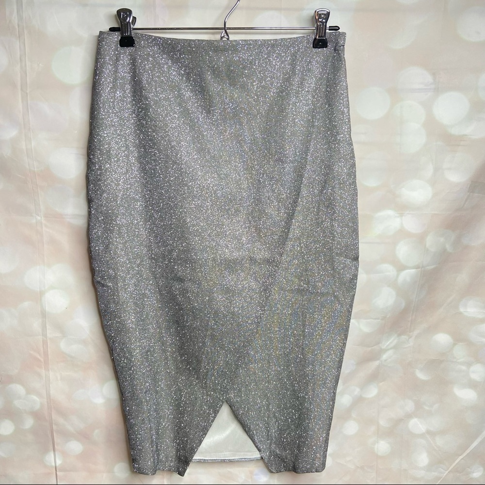MISSGUIDED Sparkly Silver Front Crossover Skirt Size 6 US NWT
